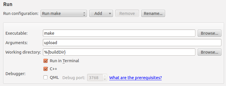 Set parameters in the Run settings of Qt creator project