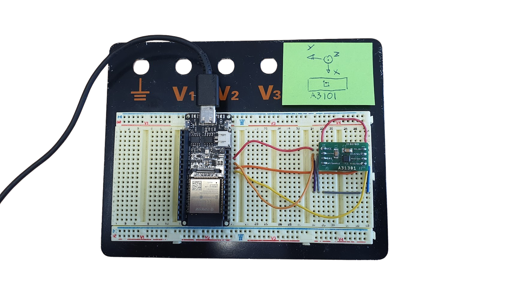 Bread board with the ESP32 and the 3D magnetic position sensor A31301