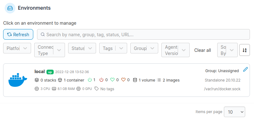 List des environements dans Portainer
