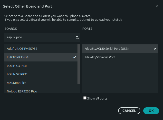 Capture d'écran de l'ESP32 Pico D4 dans le gestionnaire de cartes de l'IDE Arduino