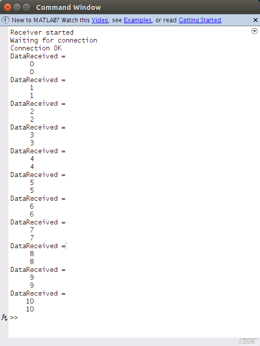 Capture d'écran du récepteur Matlab TCP/IP