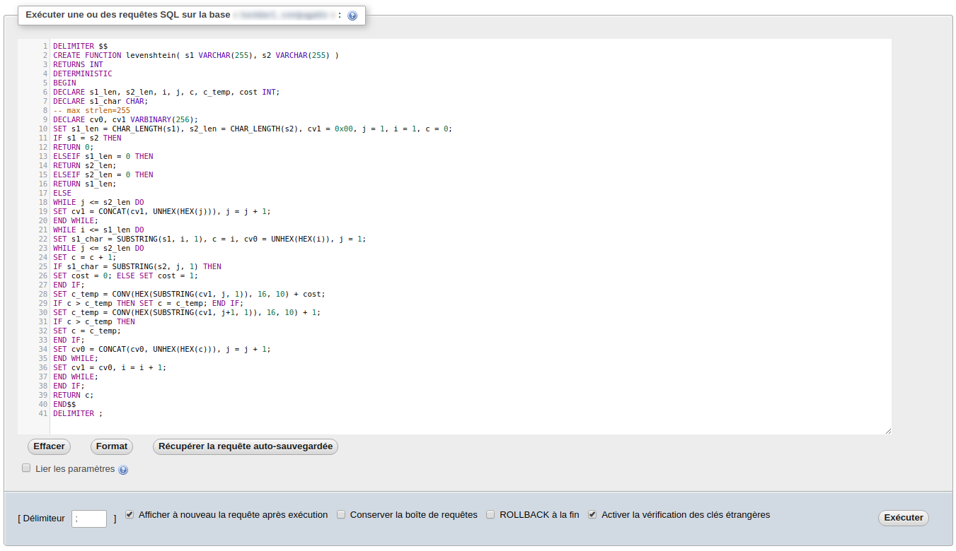 Implémentation de la fonction Levenshtein dans mySQL
