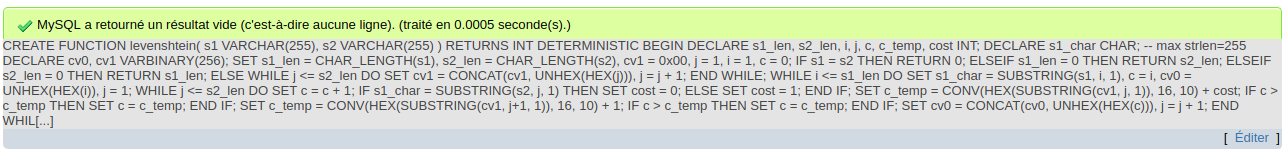 La requête pour l'ajout de la fonction Levenshtein a réussi