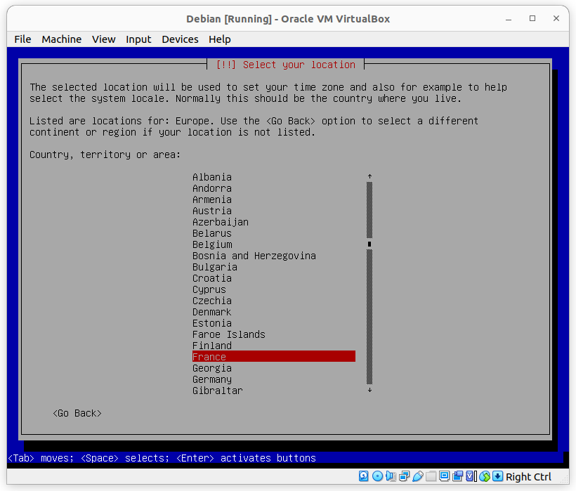 Debian 11 sélectionnez le pays pendant l'installation